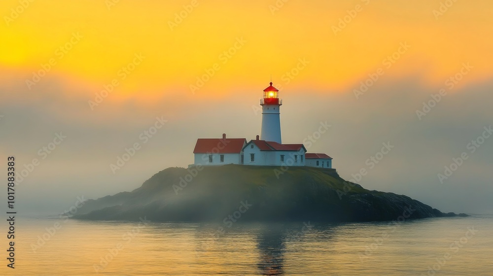 A picturesque lighthouse stands on a rocky island as the golden sunset glows behind it, enveloped in gentle mist, offering guidance and safety for ships at sea. A picturesque lighthouse stands on a rocky island as the golden sunset glows behind it, enveloped in gentle mist, offering guidance and safety for ships at sea.