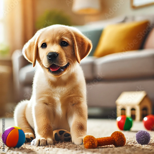 AI drawing of a Labrador Retriever puppy looking at toys