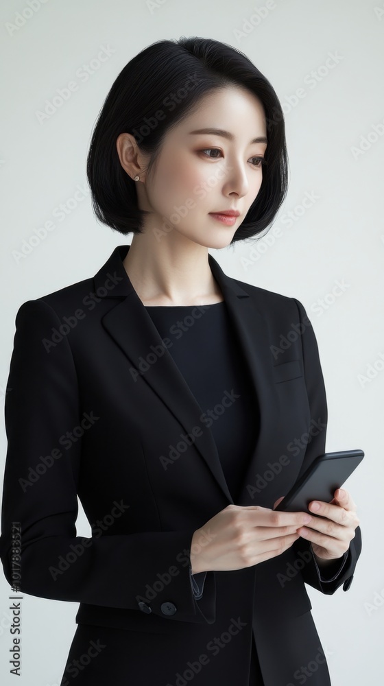 Elegant Japanese Woman in Business Attire Holding Phone Elegant Japanese Woman in Business Attire Holding Phone