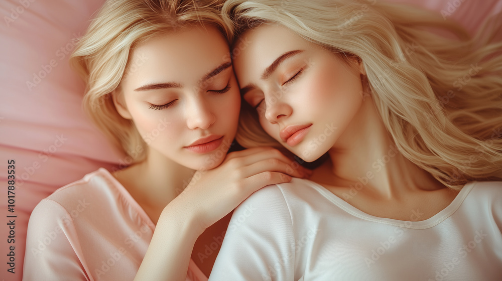 Relaxing Moment Shared by Two Women in Soft Lighting on a Pink Bedspread in a Cozy Bedroom Relaxing Moment Shared by Two Women in Soft Lighting on a Pink Bedspread in a Cozy Bedroom