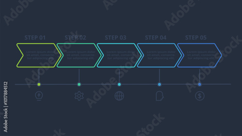 Line concept for infographic with 5 steps, options, parts or processes. Template for web on a black background.