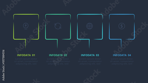 Line concept for infographic with 4 steps, options, parts or processes. Template for web on a black background.