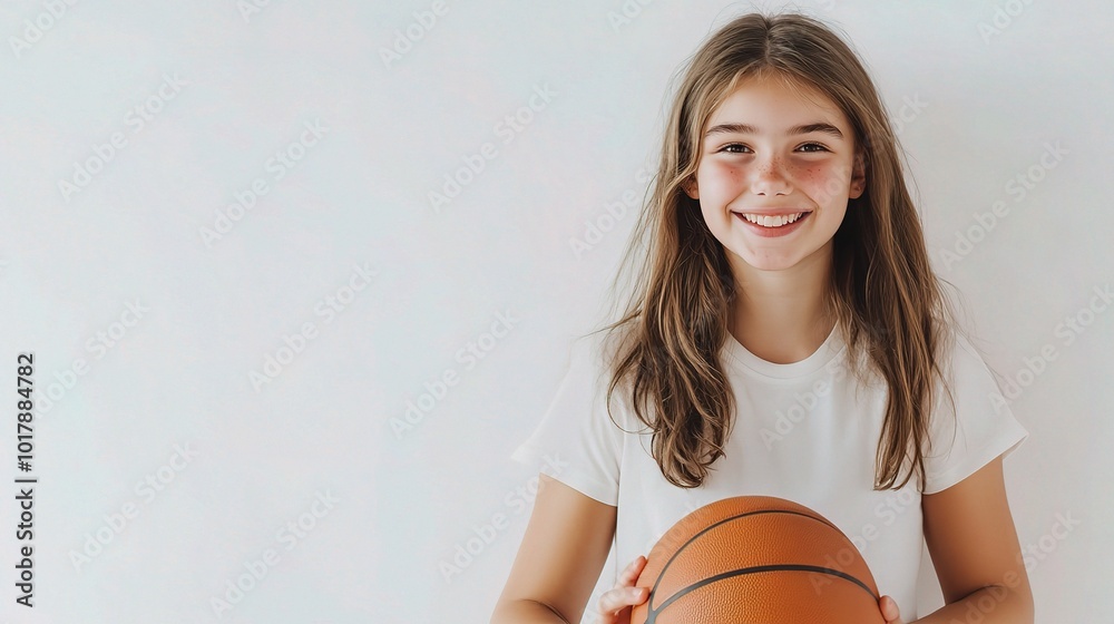 Young Girl Smiling with Basketball in Studio Setting Young Girl Smiling with Basketball in Studio Setting