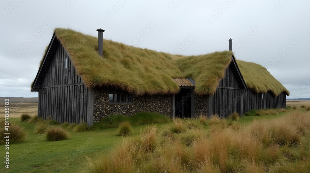 Fototapeta premium icelandic turf houses blending with the embrace of earth
