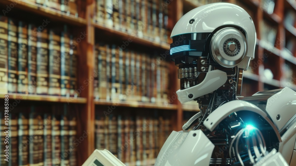 3d rendering humanoid robot in library with bookshelf in background