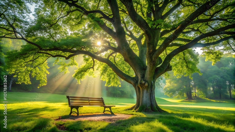 Naklejka premium Tranquil Bench Under Sunbeams in Lush Green Forest
