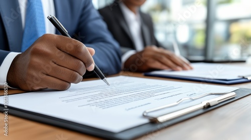 Closeup Businessman Signing Contract Agreement on Clipboard