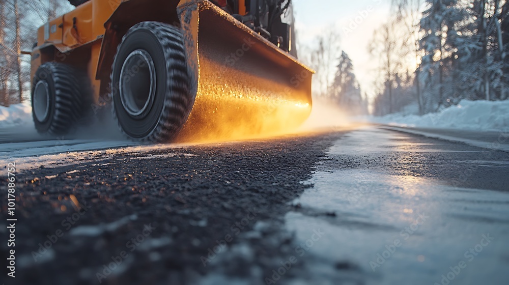 Snowplow Clearing a Road During Sunset - Photo Snowplow Clearing a Road During Sunset - Photo