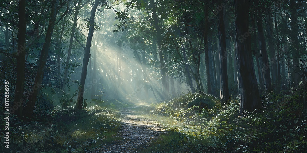 Obraz premium A foggy forest with tall trees and sunlight filtering through the leaves