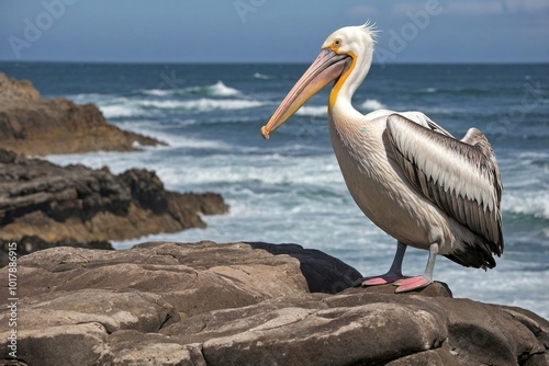 Pelican Perched on a Rocky Shoreline by the Sea