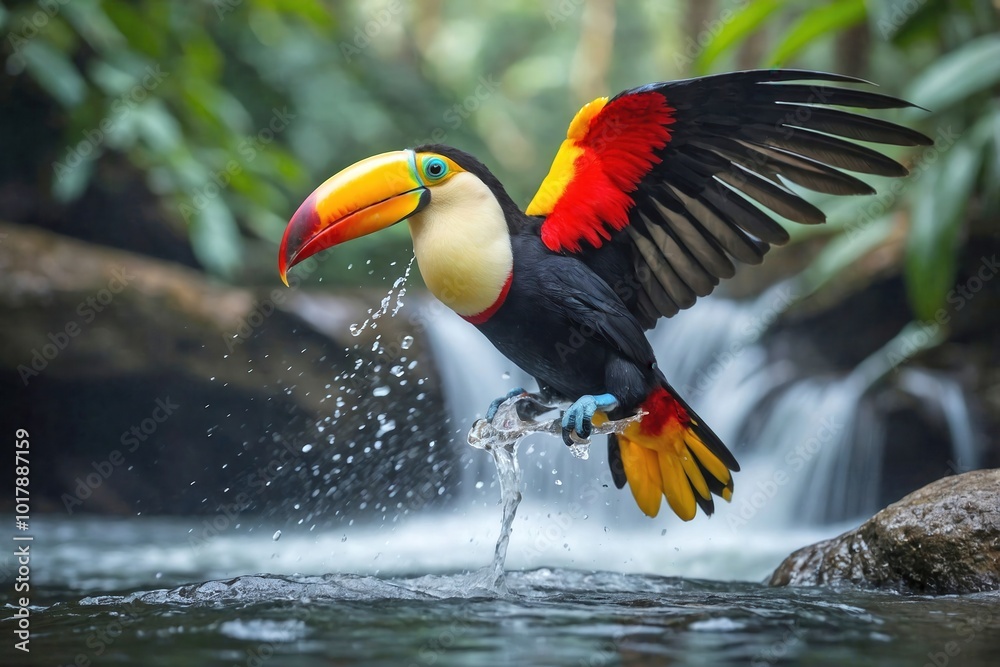 Obraz premium Toucan Flying Over a Tropical Waterfall