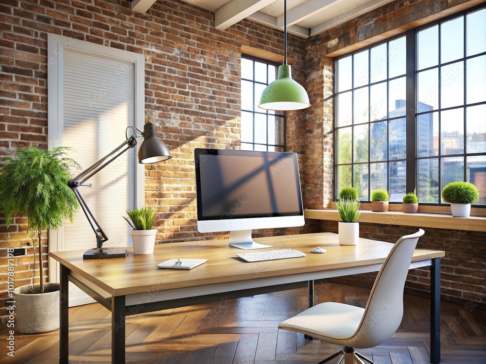 Fototapeta premium Modern Office Space with Blank Monitor for Graphic Design and Urban Exploration Photography