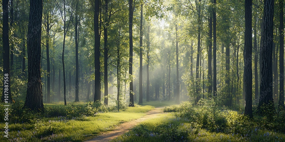 A foggy forest with tall trees and sunlight filtering through the leaves A foggy forest with tall trees and sunlight filtering through the leaves