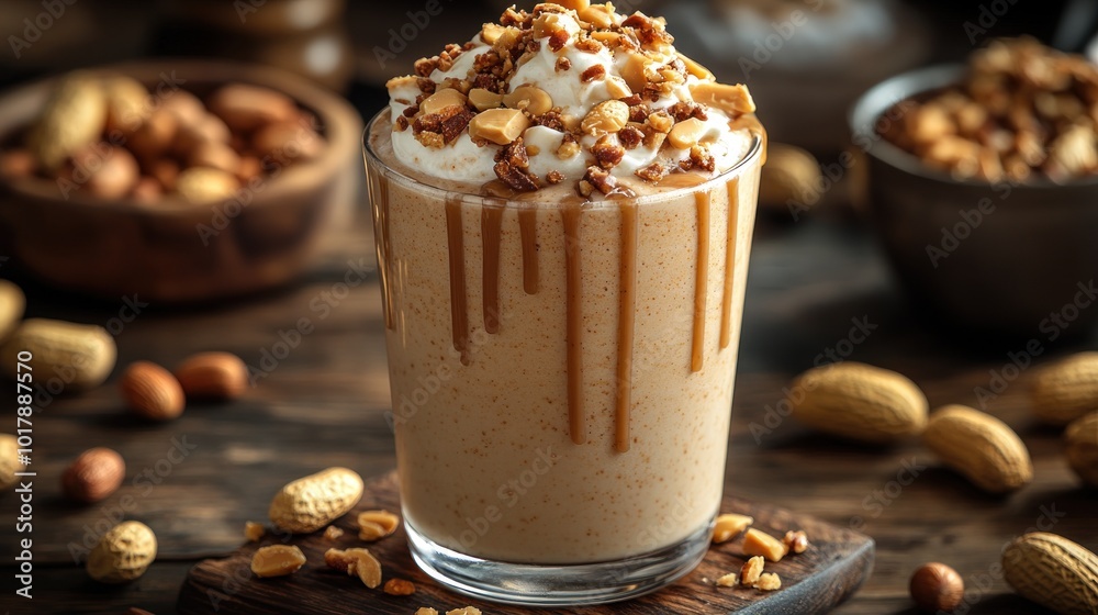 Creamy nut-flavored drink topped with whipped cream and nuts. Creamy nut-flavored drink topped with whipped cream and nuts.