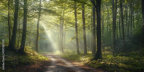Fototapeta Naklejka Na Ścianę i Meble -  A foggy forest with tall trees and sunlight filtering through the leaves