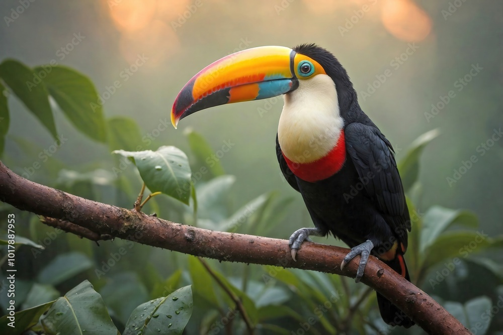Obraz premium Toucan in a Misty Jungle at Dawn