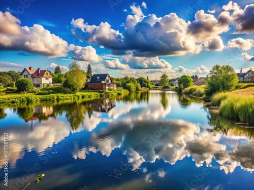 Scenic Tranquil Landscape of Blue Waters in Countryside Village â€“ Calm Summer Views