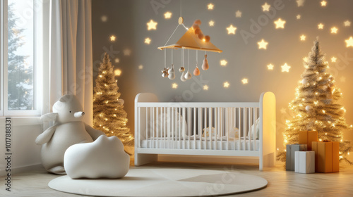 cozy nursery featuring white crib, soft toys, and holiday themed decor. room is illuminated by twinkling lights and starry mobile, creating warm and inviting atmosphere