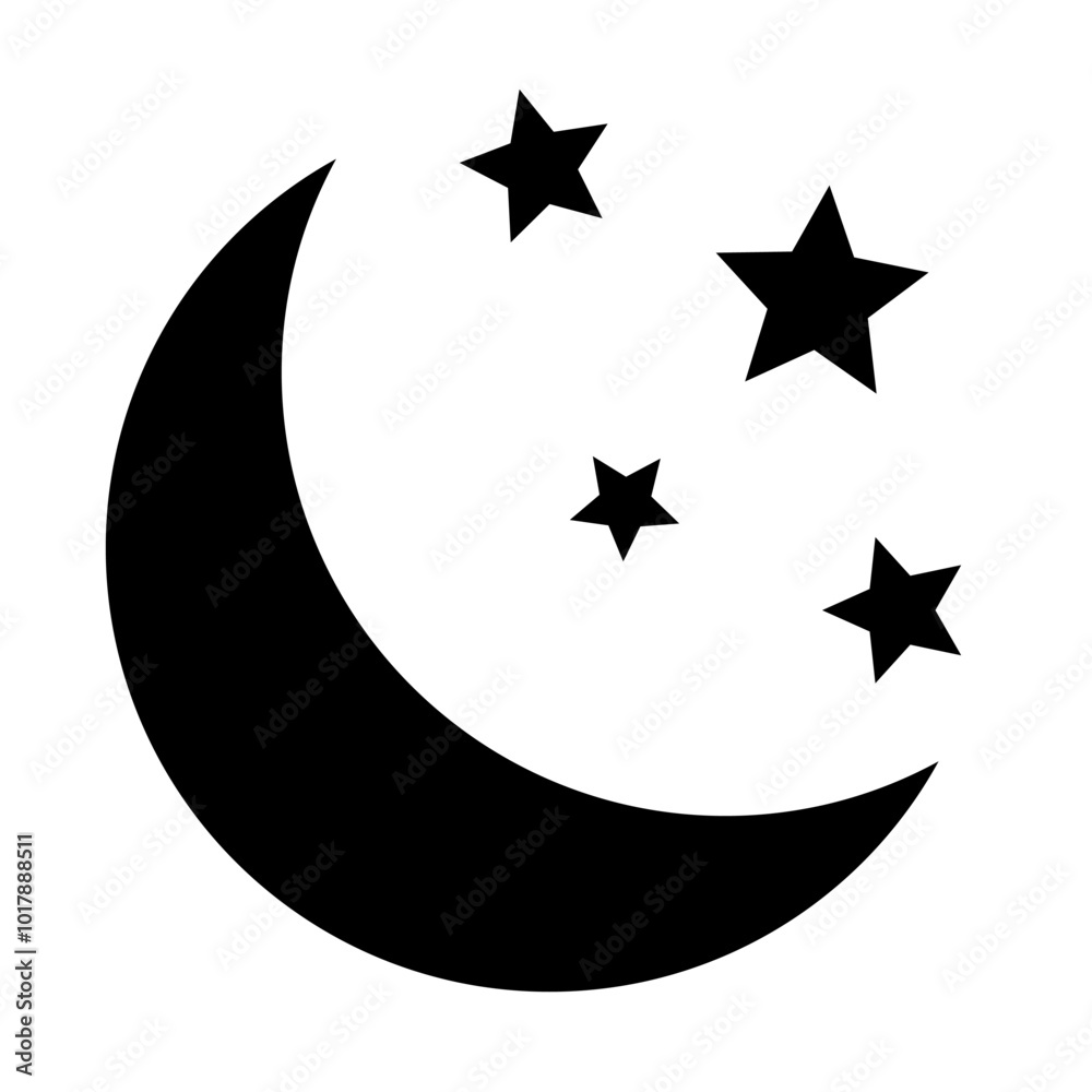 Crescent moon with stars icon on white background. Night icon. Crescent moon icon. Minimalist style.