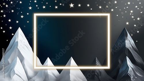 snowy white peaks and frame with gold sparkling starry vibrant blue black background for grand opening , party invitation, banner concept	,copy space
