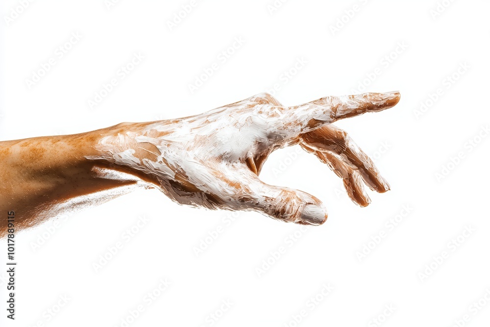 Fototapeta premium A lifelike hand reaching for an object, detailed skin and lines, high-resolution close-up, isolated on white background