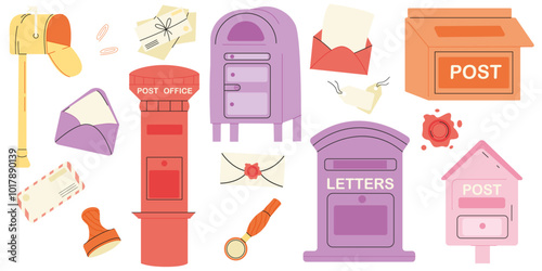 Flat vector illustration, craft envelopes, postcards. Postal stationery. Various retro mailboxes. Delivery, message, communication concept. Set of isolated vector illustrations.