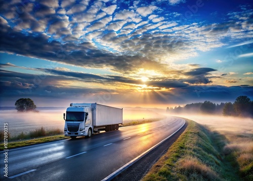 Surreal White Transportation Truck on Highway at Blue Sunrise Sky