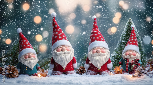 Cheerful Christmas Gnomes in Snowy Landscape with Festive Lights and Vibrant Colors