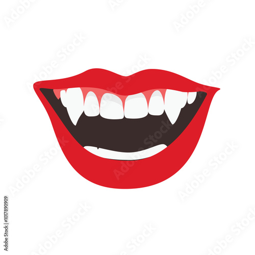 Vampire mouth with fangs. Open female red lips with vampire teeth