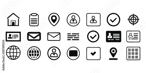 Business card contact information icon set. Containing name, address, location, mail, website, telephone, cell phone, fax for app and website. Vector illustration.AI GENERATED