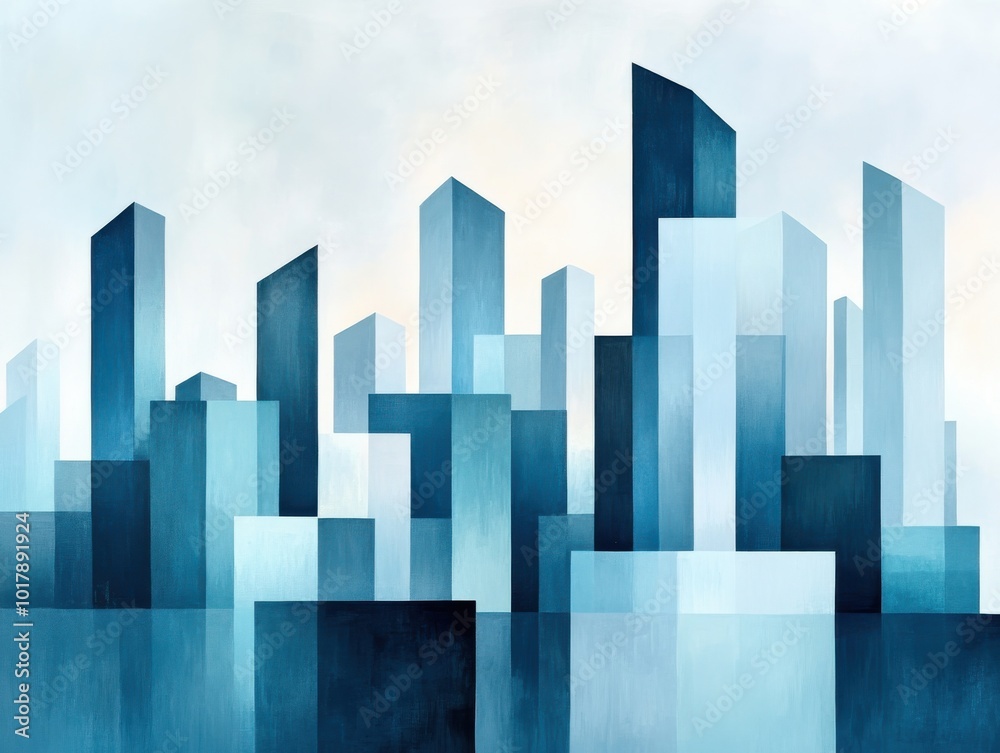 Abstract blue cityscape with varying geometric shapes and heights, creating a modern and serene urban atmosphere. Abstract blue cityscape with varying geometric shapes and heights, creating a modern and serene urban atmosphere.