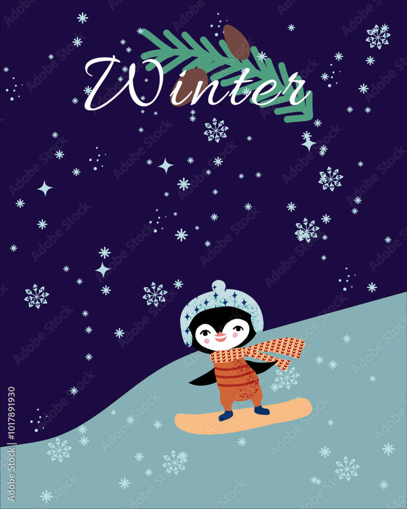 Fototapeta premium Winter card with penguin snowboarding