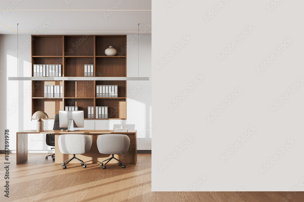 Fototapeta premium Luxury office interior with ceo desk with pc and shelf. Mockup wall