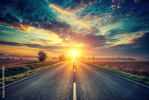 Vintage New Year 2022 Concept with Sunrise Over Empty Asphalt Road, Capturing Hope and New Beginnings