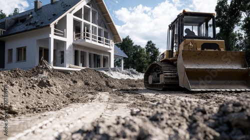 Worker operating a bulldozer in front of a partially constructed house, with materials and tools scattered around