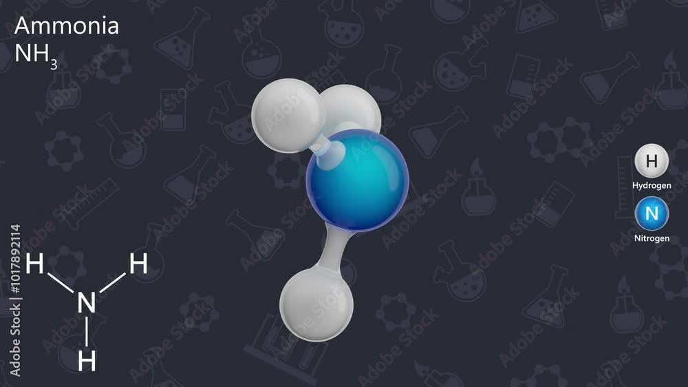Molecule of Ammonia (NH3) is a colorless gas with a pungent odor, used in fertilizers, cleaning products, and industrial processes. Chemical model: Ball and Stick. Dark background. 3D render.