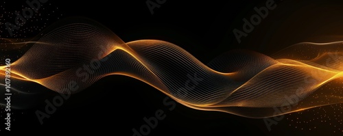 Abstract glowing golden wave lines on black horizontal background. Luxury and elegant gold flow lines element. Modern simple line art creative design, Generative AI