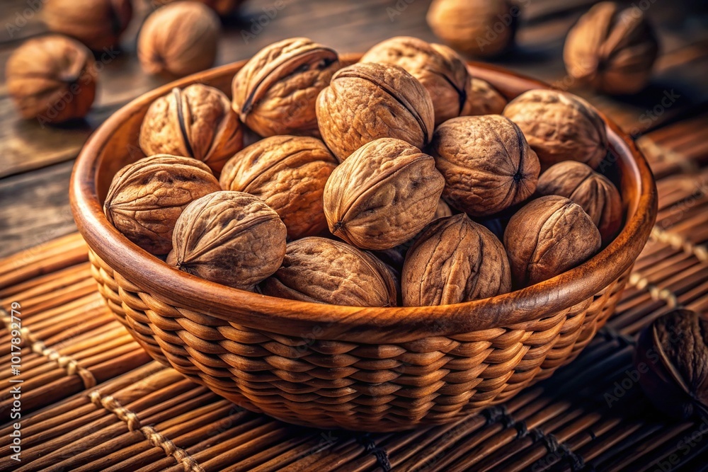 Whole Walnuts in Rattan Bowl with Intricate Shell Patterns - Close Up View of Delicious Nuts Ready to Crack Open Whole Walnuts in Rattan Bowl with Intricate Shell Patterns - Close Up View of Delicious Nuts Ready to Crack Open