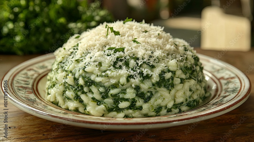 Delightful Spinach Risotto Topped with Fresh Parmesan and Herbs Delightful Spinach Risotto Topped with Fresh Parmesan and Herbs