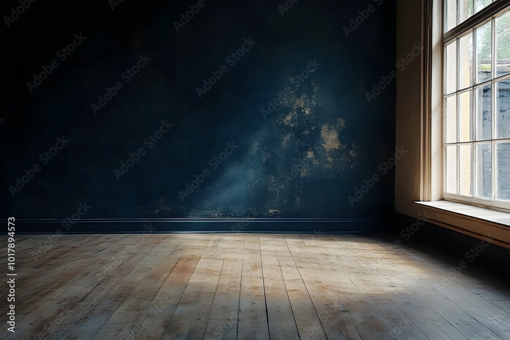 Moody Empty Room with Wooden Floor and Dark Wall Under Soft Lighting Moody Empty Room with Wooden Floor and Dark Wall Under Soft Lighting