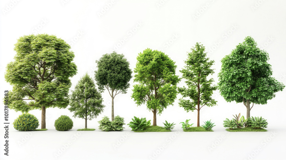 Obraz premium A set of trees isolated on a white background.