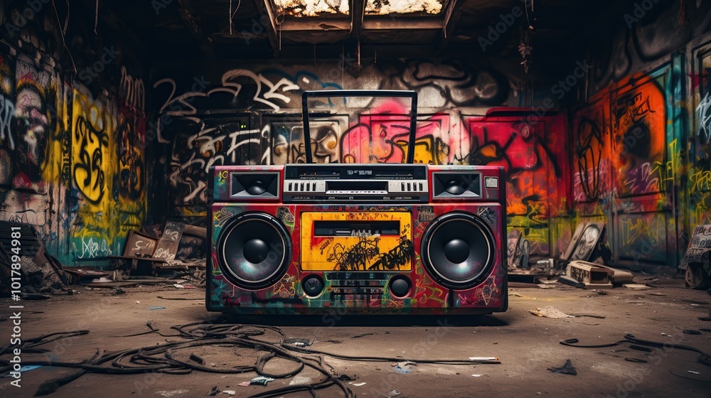 Fototapeta premium Vintage Boombox in a Graffiti-Covered Room