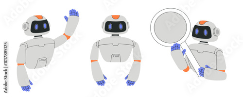 AI chat bot characters set, Artificial Intelligence cyborgs help with different tasks, online communication support and data analyse. Flat vector modern illustration isolated on white background