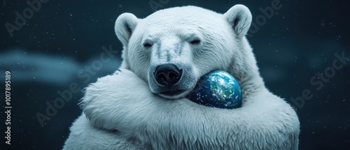 Fototapeta Naklejka Na Ścianę i Meble -  A Polar Bear Embraces a Miniature Earth, a Symbol of Our Connection to Nature