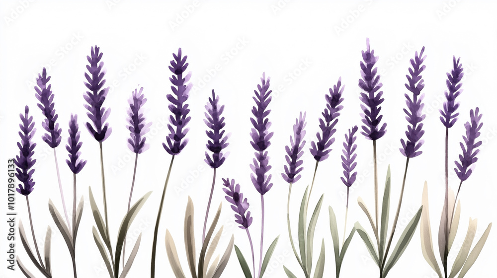 Naklejka premium Watercolor illustration of lavender flowers with green leaves on a white background, featuring tall purple blooms and delicate stems.