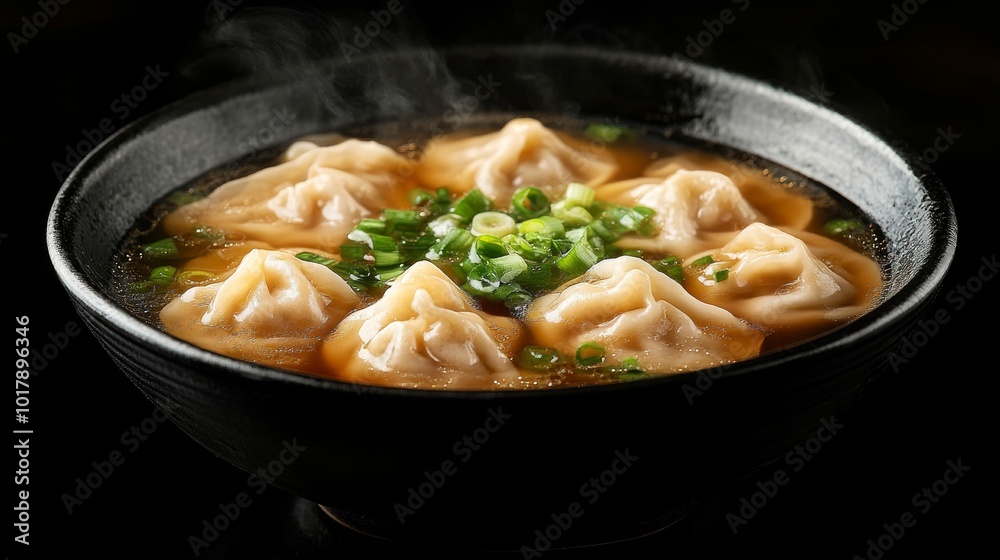 A steaming bowl of savory dumplings served in broth and garnished with fresh chopped chives, emitting a warm and inviting aroma, perfect for comfort food lovers. A steaming bowl of savory dumplings served in broth and garnished with fresh chopped chives, emitting a warm and inviting aroma, perfect for comfort food lovers.