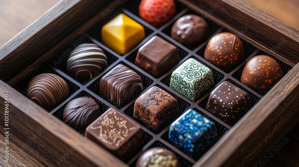 A luxurious selection of crafted chocolates displayed in a wooden box, showcasing various colors, patterns, and textures in an inviting arrangement.