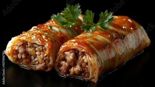 Flavorful cabbage rolls filled with seasoned meat and rice, served on a sleek black dish, appealing as a hearty, traditional Eastern European dish. photo