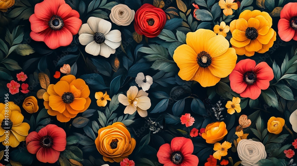 A Vibrant Tapestry of Red, Yellow, and White Flowers in a Lush Green Garden A Vibrant Tapestry of Red, Yellow, and White Flowers in a Lush Green Garden