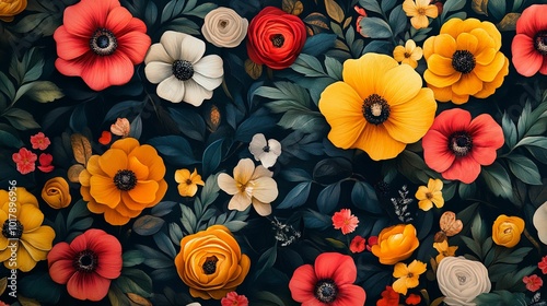 A Vibrant Tapestry of Red, Yellow, and White Flowers in a Lush Green Garden